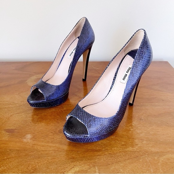 Miu Miu • blue python snakeskin pumps peep toe heels leather platform stiletto - Picture 2 of 11